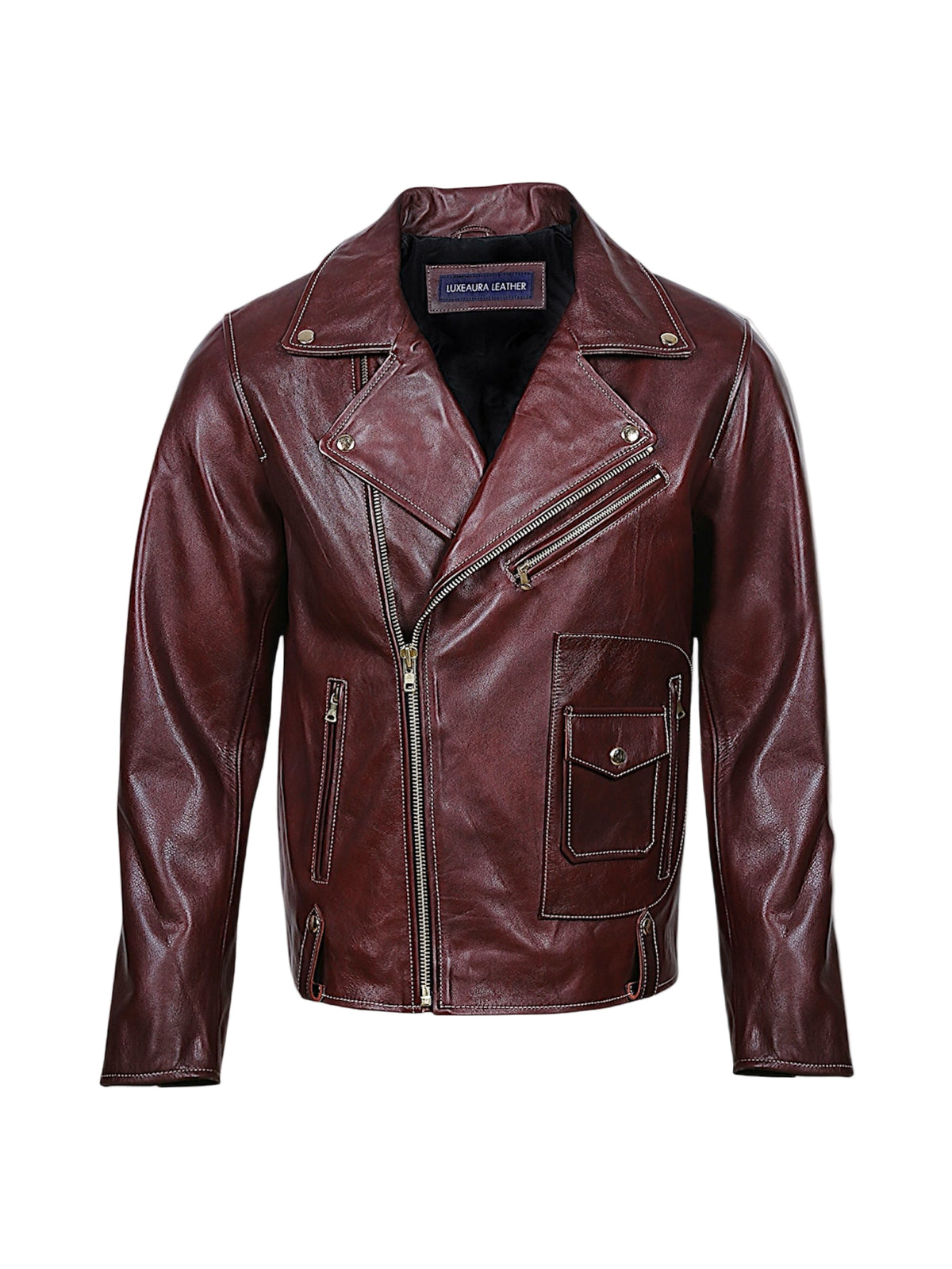 Rouven maroon leather biker jacket for men – front view