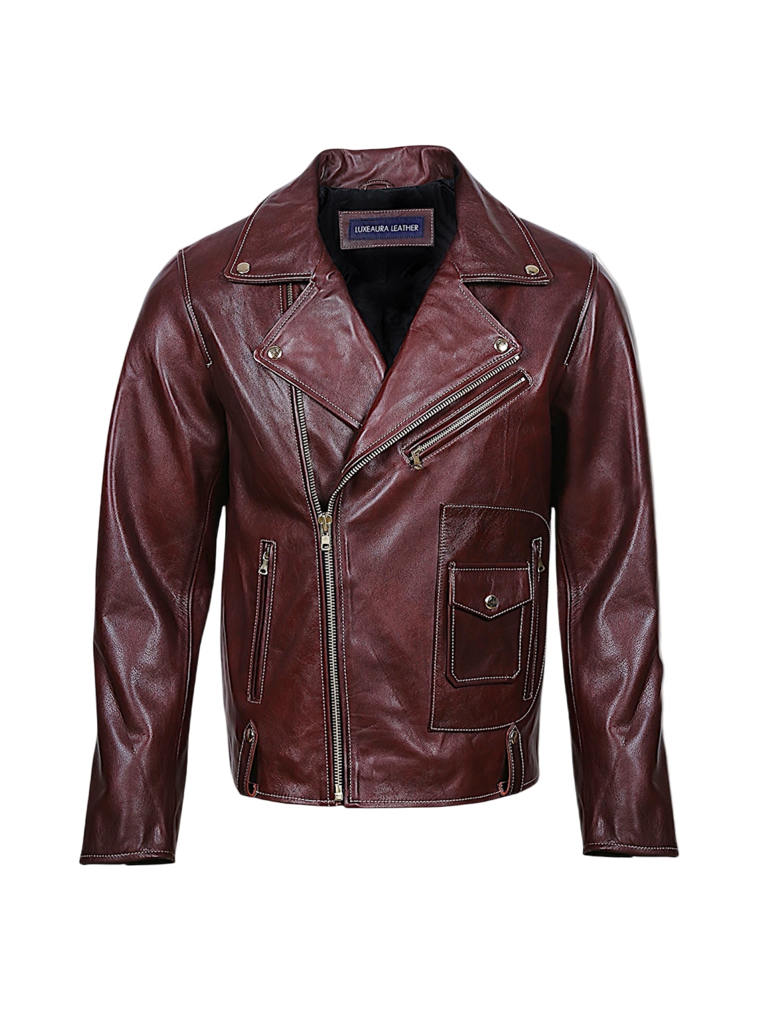 Rouven maroon leather biker jacket for men – front view