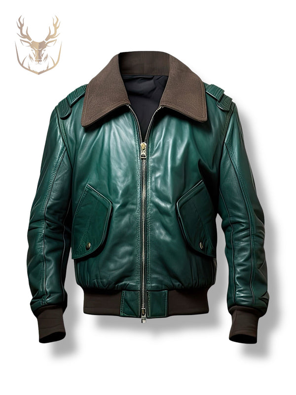 LuxeAura’s Forest Green Aviator Pilot Bomber Leather Jacket For Men.