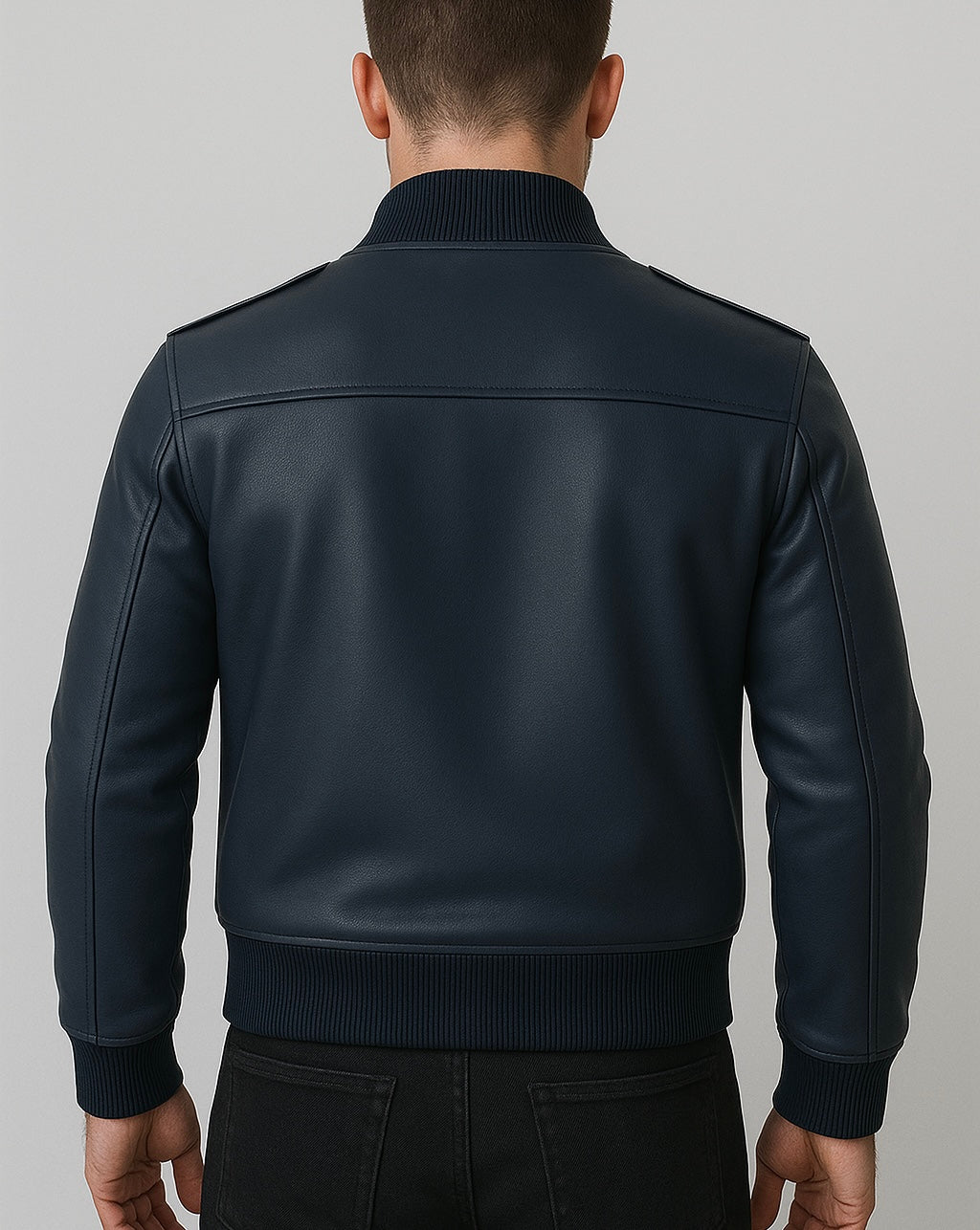 Man wearing a dark blue leather jacket on a gray background