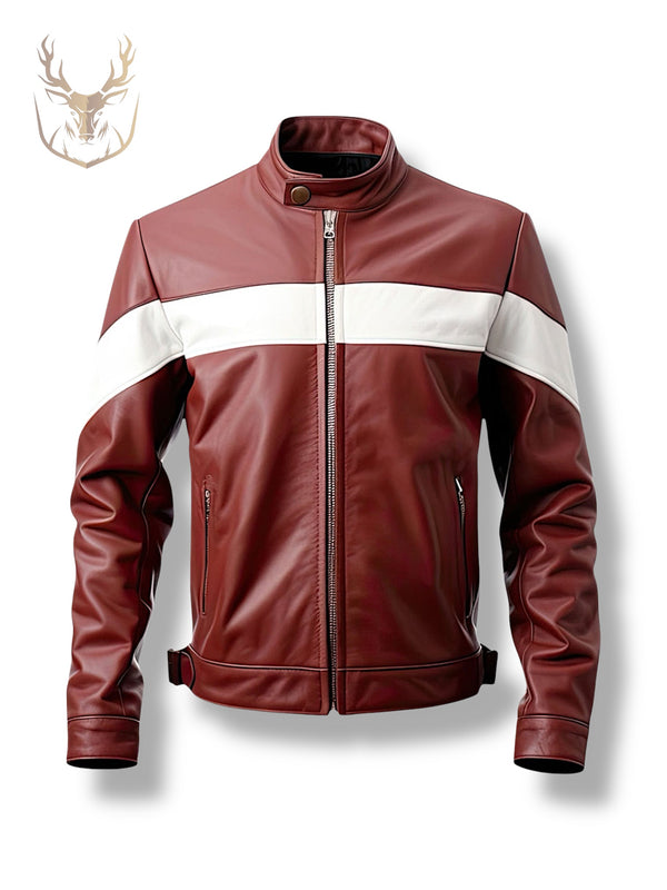 LuxeAura’s Maroon White Moto Racer Leather Jacket For Men.