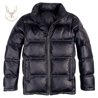 LuxeAura’s Black Polo Neck Puffer Leather Jacket For Men.