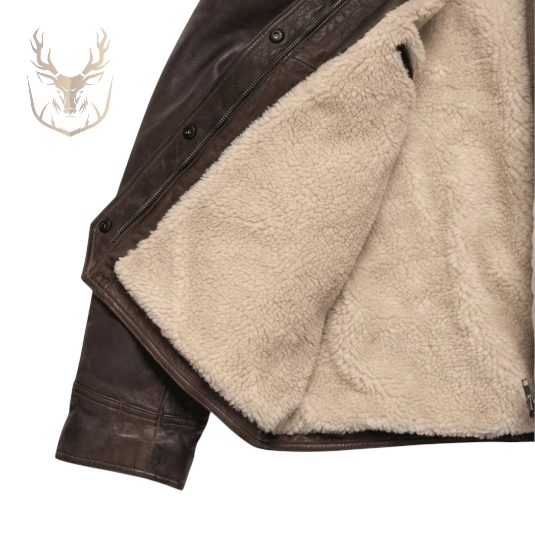 LuxeAura’s Brown Leather Sherpa Jacket For Men.