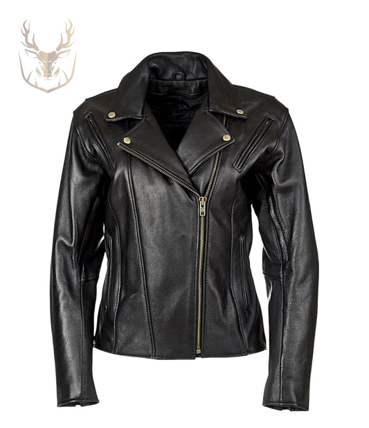 LuxeAura’s Black Motorbike Leather Jacket For Women.