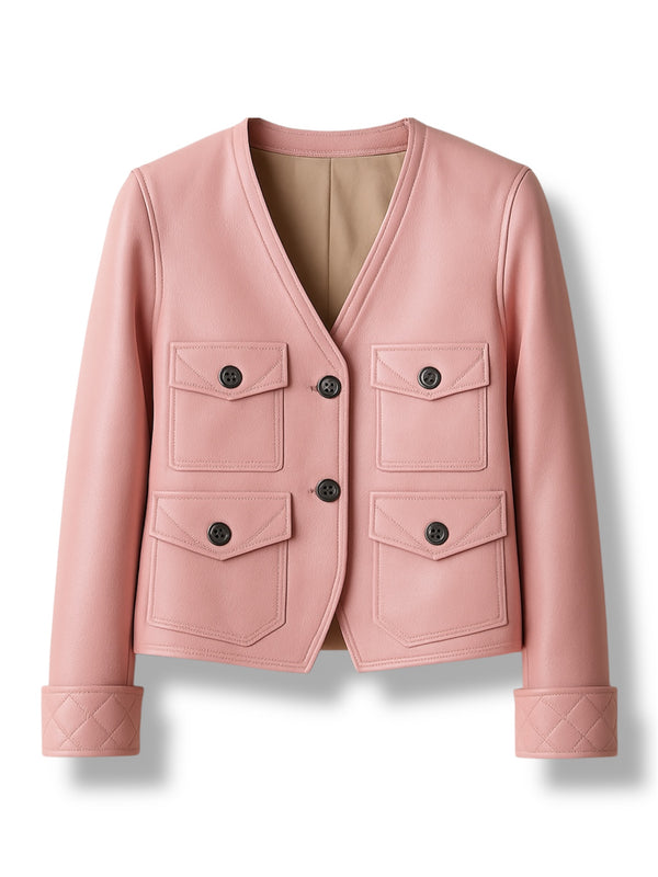 LuxeAura’s V-Neck Top Leather Jacket For Women.