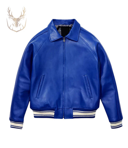 LuxeAura’s Marine Blue Leather Varsity Jacket For Men.