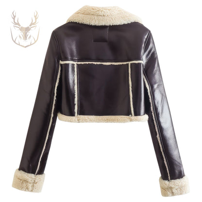 LuxeAura’s Sherpa Shearling Fur Lined Leather Crop Top For Women.