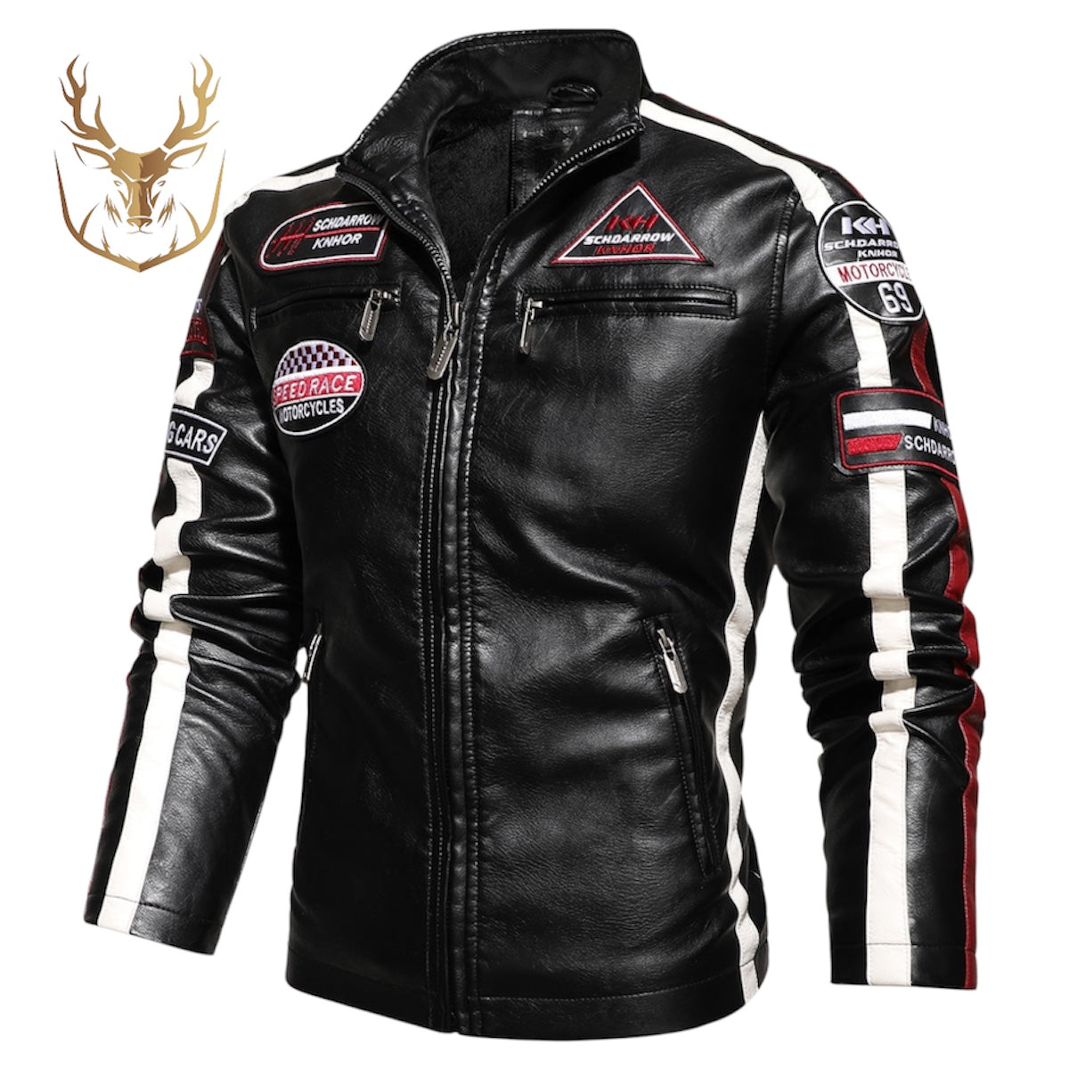 LuxeAura’s Black Embroidery Patch Aviator Biker Leather Jacket For Men.