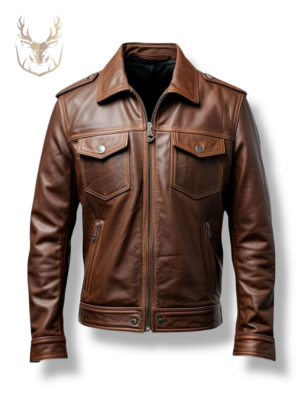 LuxeAura’s Dark Brown Trucker Leather Jacket For Men.