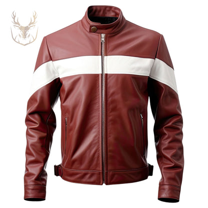 LuxeAura’s Maroon White Moto Racer Leather Jacket For Men.