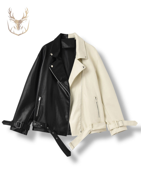 LuxeAura’s Black & Beige Biker Jacket For Women.