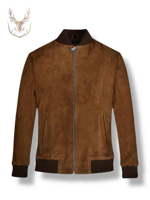 LuxeAura’s Suede Camel Brown Bomber Jacket For Men.