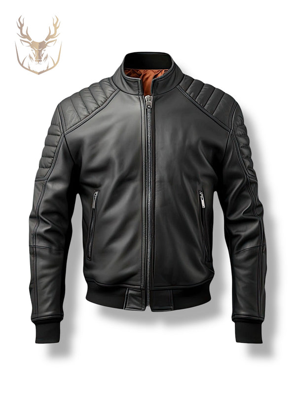 LuxeAura’s Padded Bomber Leather Jacket For Men.