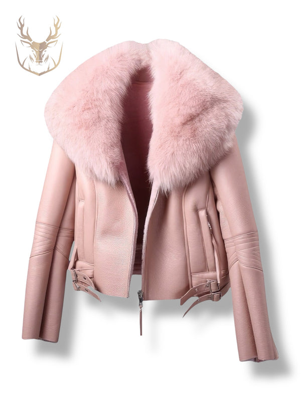 LuxeAura’s Pink Fur Collar Leather Jacket For Women.