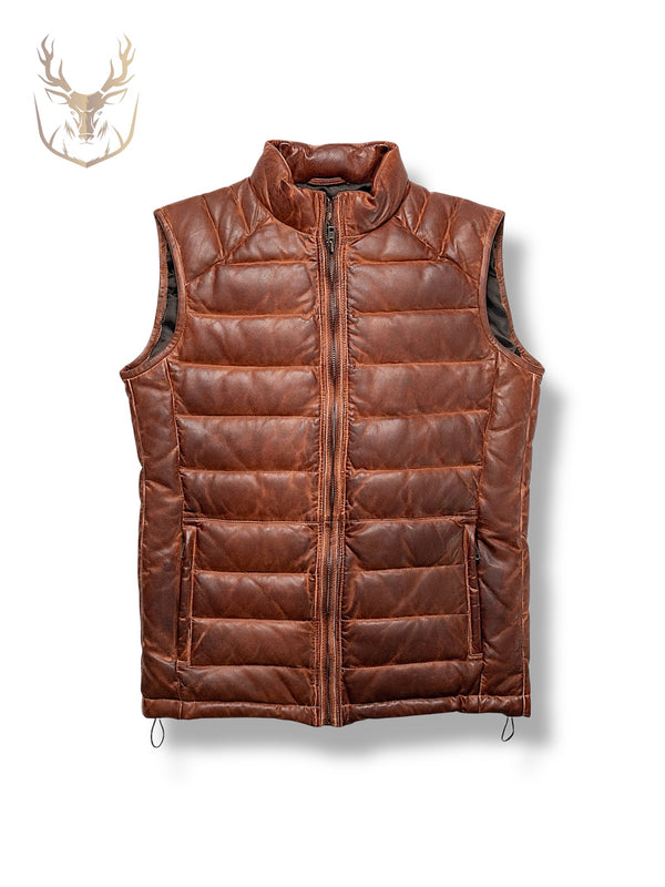 LuxeAura’s Brown Leather Puffer Vest For Men.