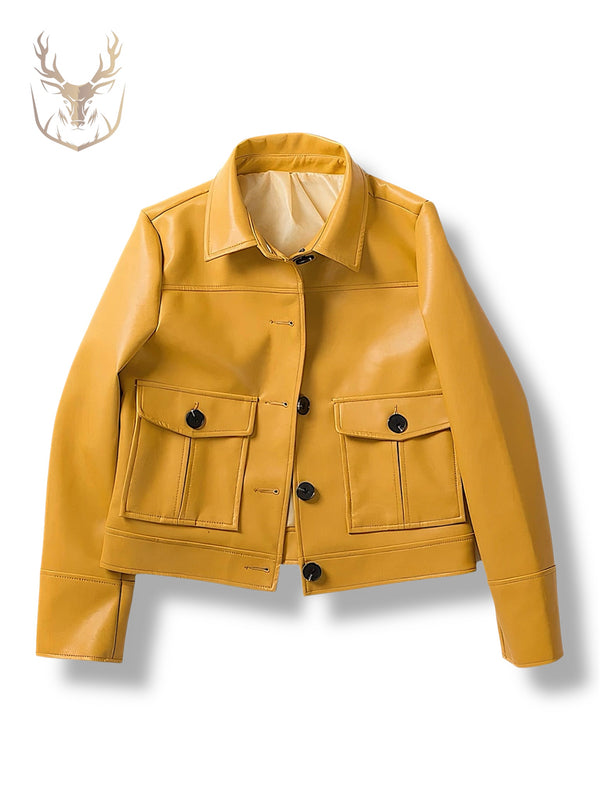 LuxeAura’s Mustard Single Breasted Leather Jacket For Women.