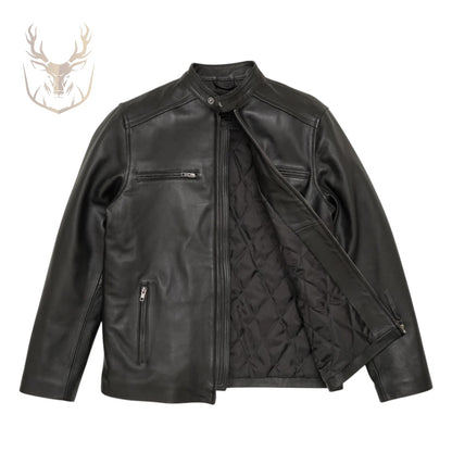 LuxeAura’s Cafe Racer Black Leather Jacket For Men.