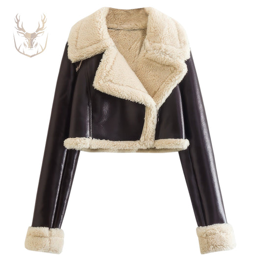 LuxeAura’s Sherpa Shearling Fur Lined Leather Crop Top For Women.