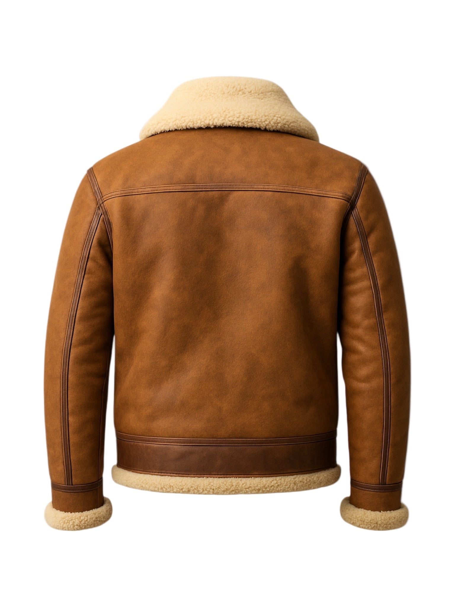 back shot of Brown shearling leather jacket with beige shearling collar and cuffs on a white background