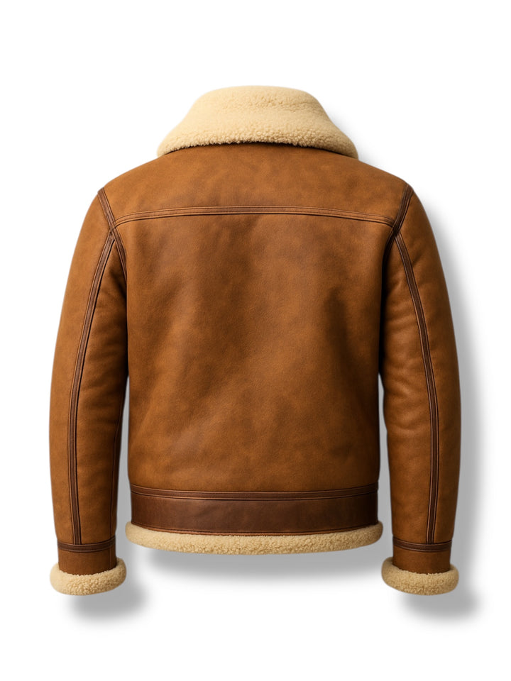 back shot of Brown shearling leather jacket with beige shearling collar and cuffs on a white background