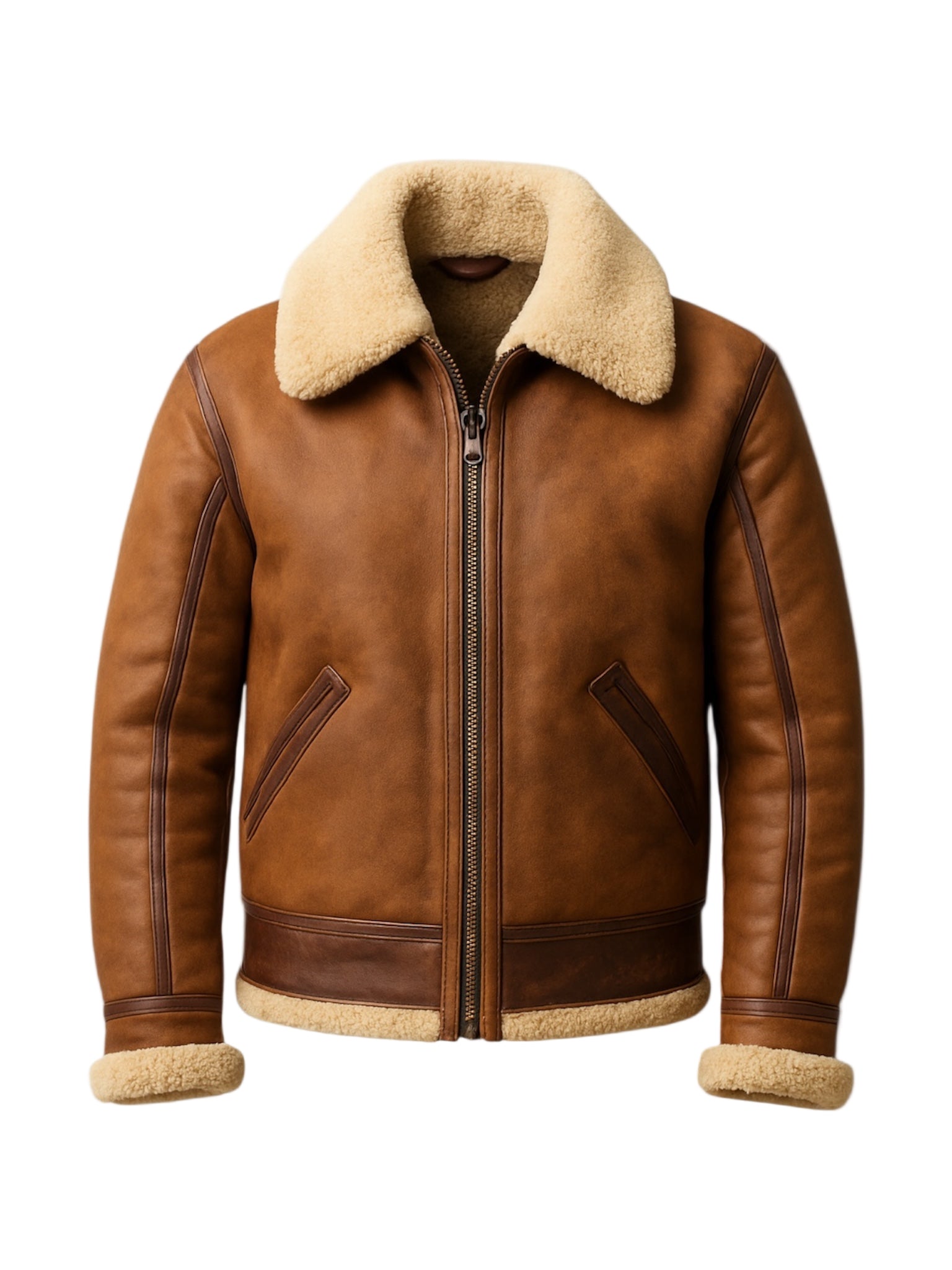 Brown Shearling leather jacket with beige fur lining on a white background