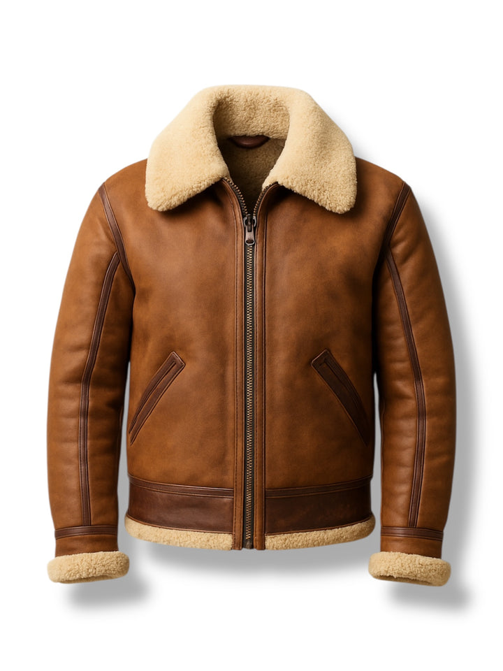 Brown Shearling leather jacket with beige fur lining on a white background
