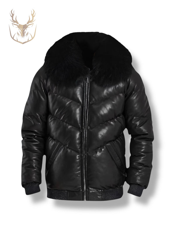 LuxeAura’s Black Quilted Fur Puffer Jacket For Men.