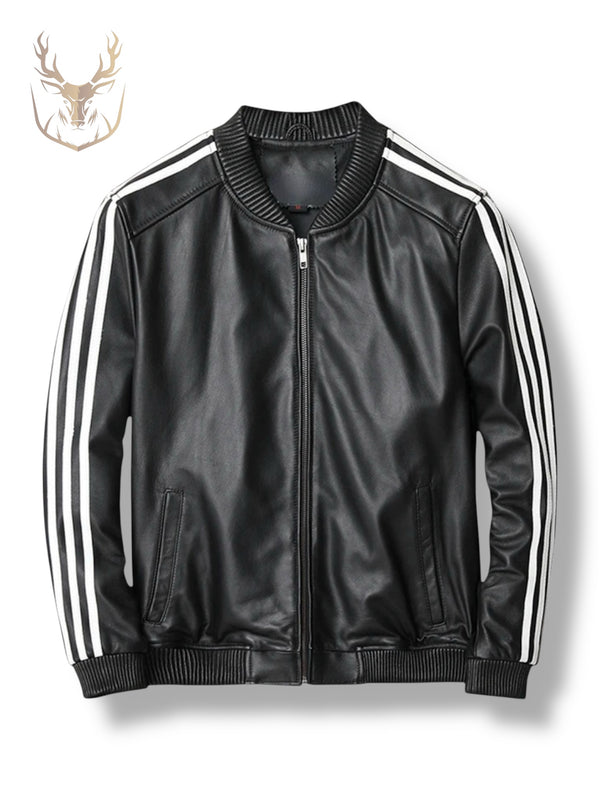 LuxeAura’s Black & White Stripped Baseball Jacket For Men.