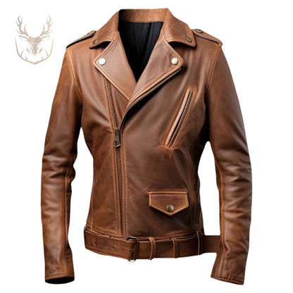 LuxeAura’s Brown Moto Crossover Leather Jacket For Men.