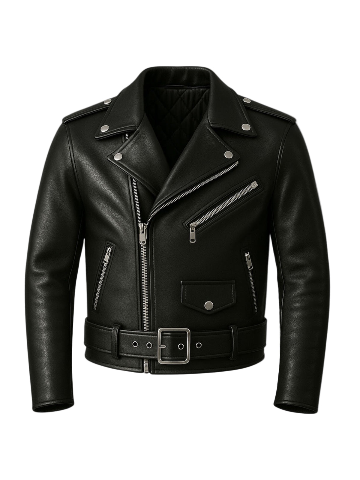 Black leather jacket with silver zippers and buttons on a white background