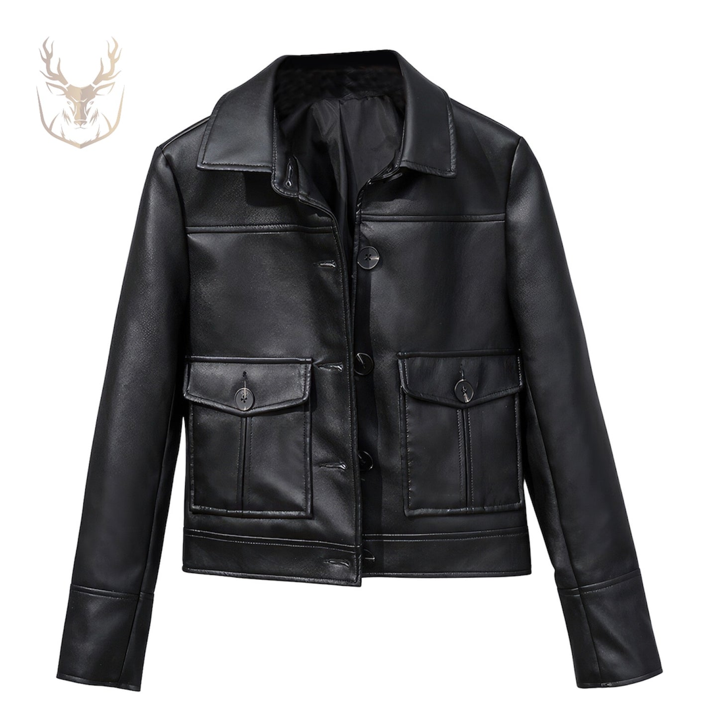 LuxeAura’s Black Collar Single Breasted Leather Jacket For Women.