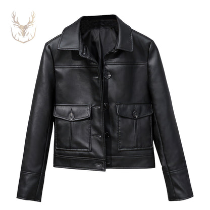 LuxeAura’s Black Collar Single Breasted Leather Jacket For Women.