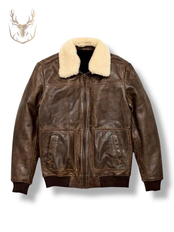 LuxeAura’s Distressed Brown Shearling Leather Bomber Jacket.