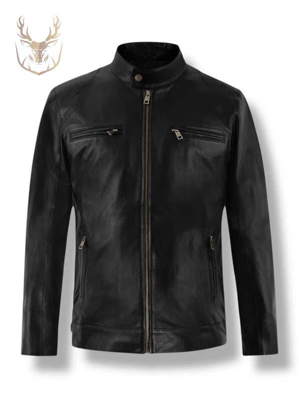 LuxeAura’s Prime Black Cafe Racer Leather Jacket For Men.