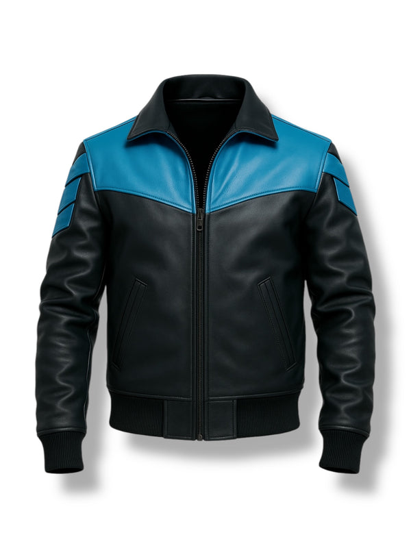 LuxeAura’s BLUEBURN –  The Bomber Leather Jacket