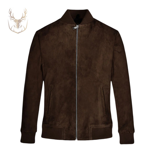 LuxeAura’s Dark Brown Suede Bomber Jacket For Men.