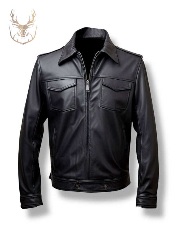 LuxeAura’s Black Trucker Leather Jacket For Men.