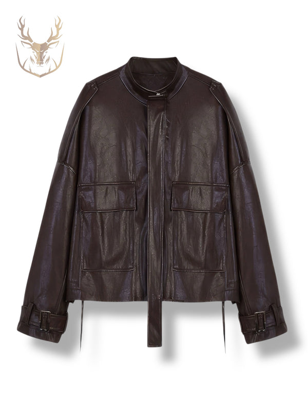 LuxeAura’s Brown Oversized Leather Jacket For Women.