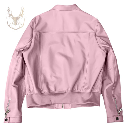 LuxeAura’s Pink Bomber Leather Jacket For Women.