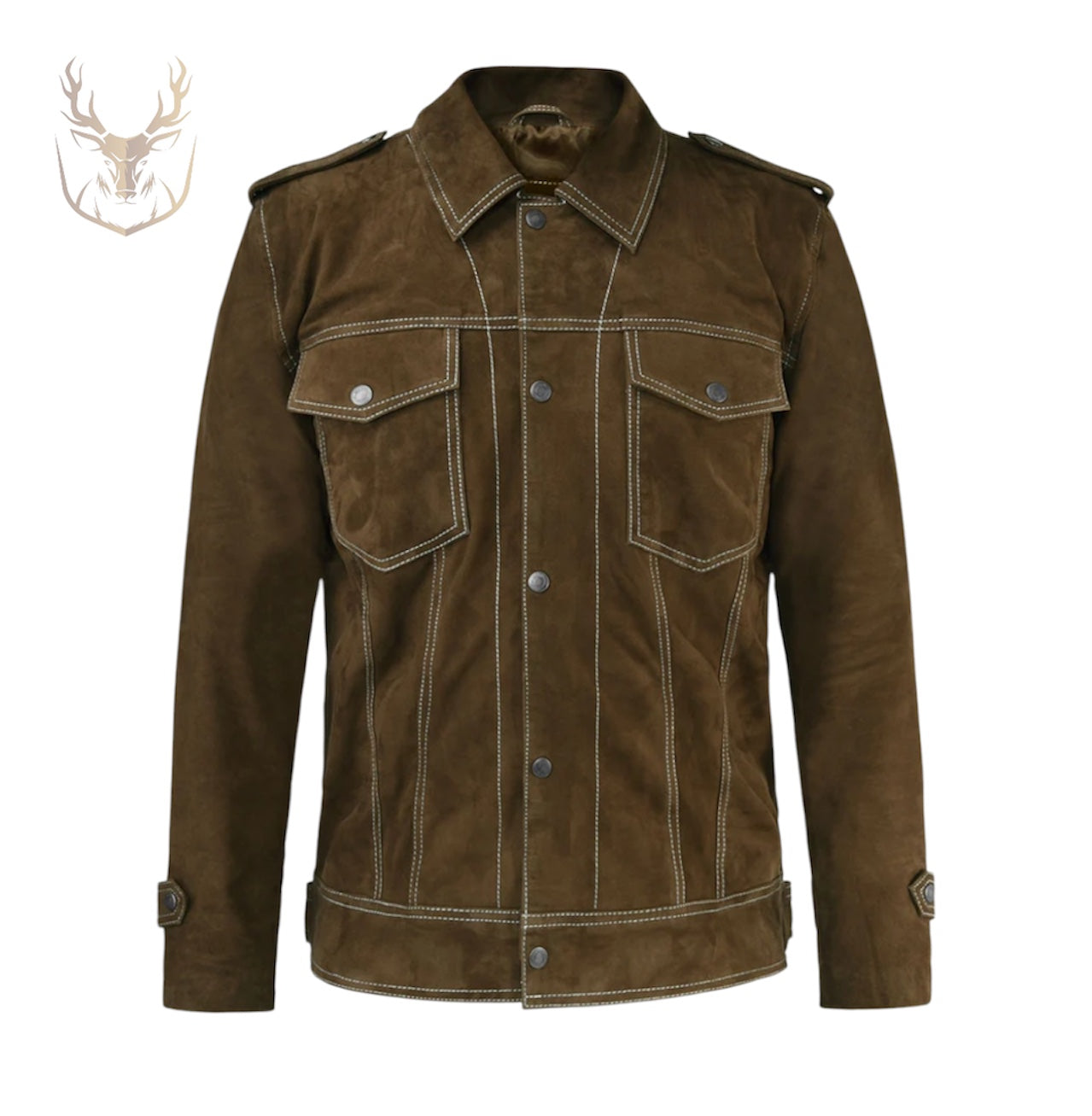 LuxeAura’s Trucker Brown Suede Leather Jacket For Men.