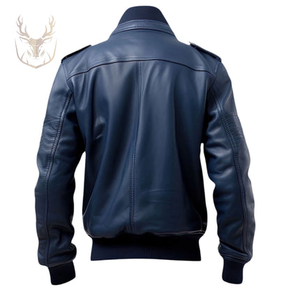 LuxeAura’s Navy Blue Baseball Collar Leather Jacket For Men.