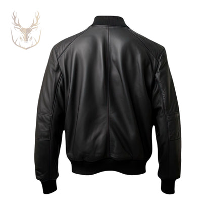 LuxeAura’s Black Baseball Leather Jacket For Men.