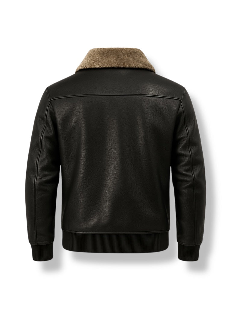 Black leather jacket with brown shearling collar on a white background