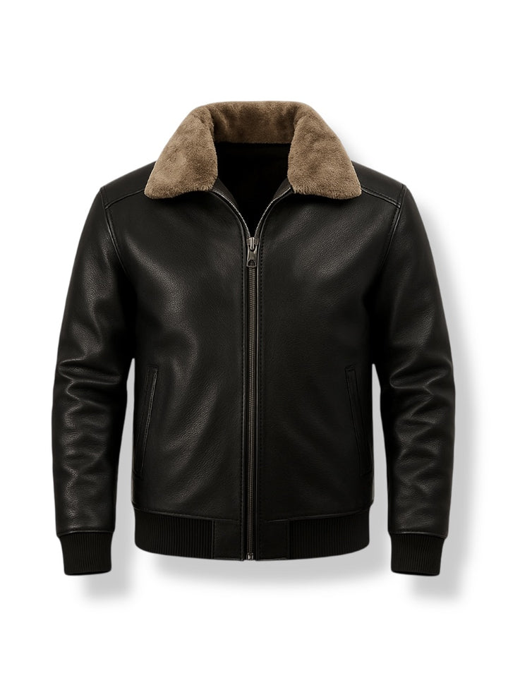 Black leather jacket with brown fur collar on a white background