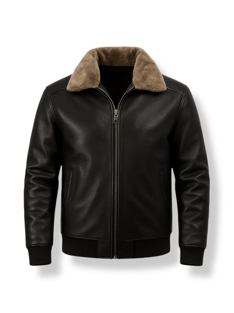 Black leather jacket with brown fur collar on a white background