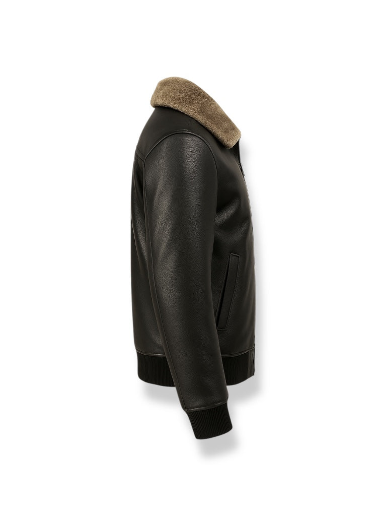 Black leather jacket with brown fur lining on a white background