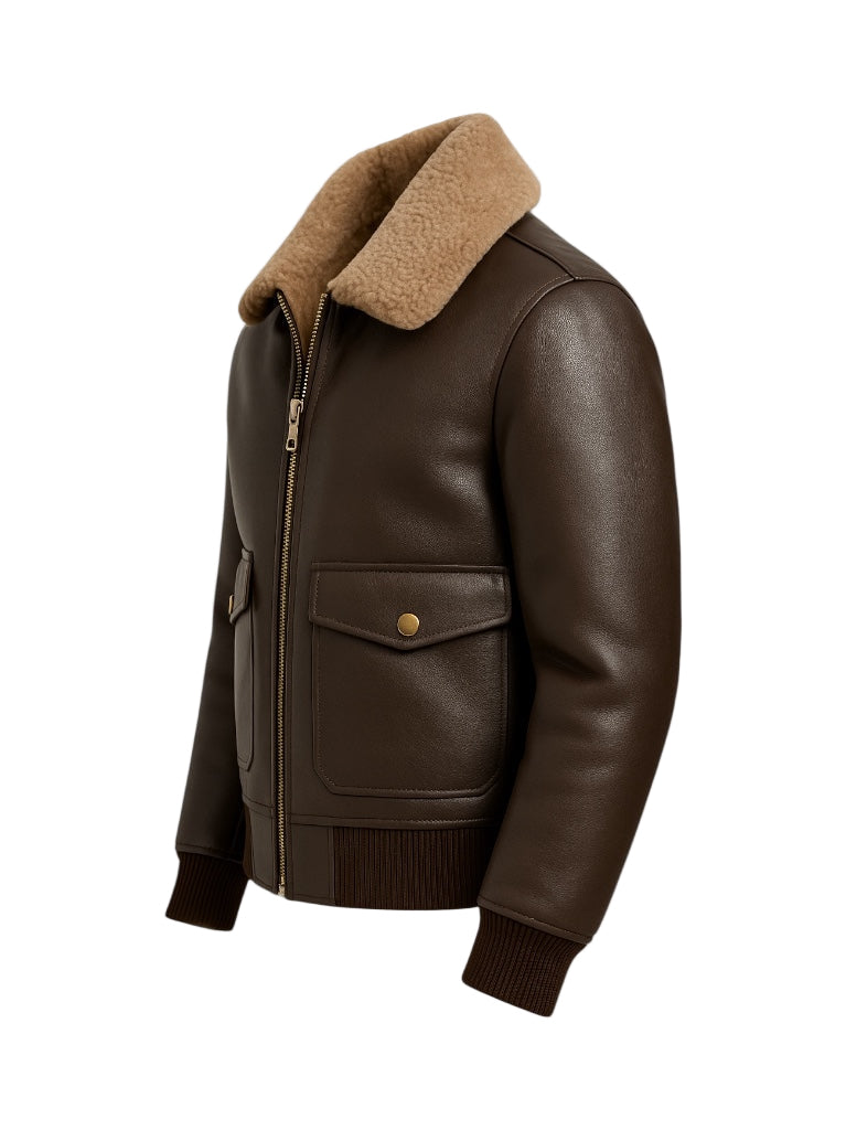 Brown shearling leather jacket with a tan shearling collar on a white background