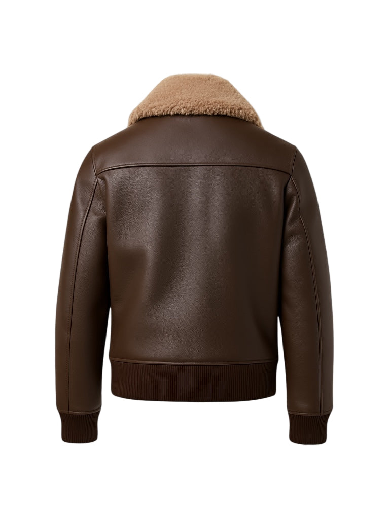 back image of Brown shearling leather jacket with brown fur lining on a white background