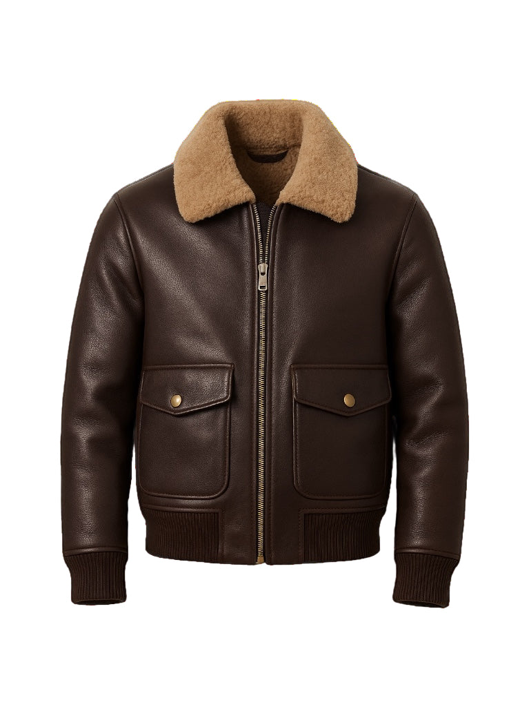 Brown leather jacket with fur collar on a white background