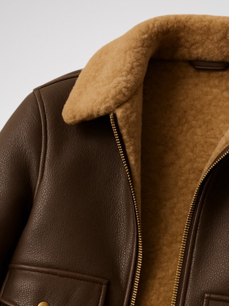 close up image of Brown shearling leather jacket with fur collar on a light gray background